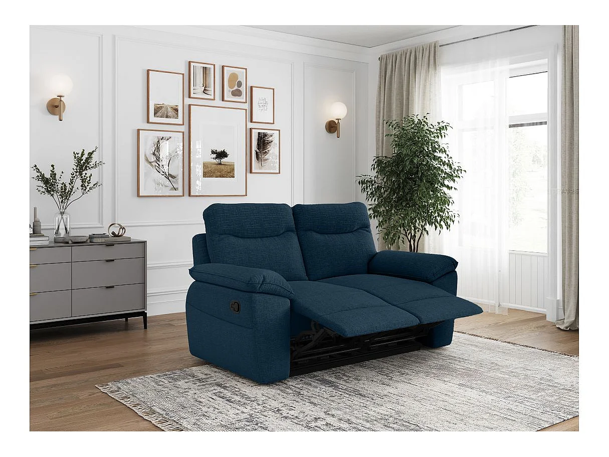 Canapé de relaxation manuel Ross 2 places en tissu texturé 3D - Bleu foncé - L160 x P100 x H102cm - Loungitude