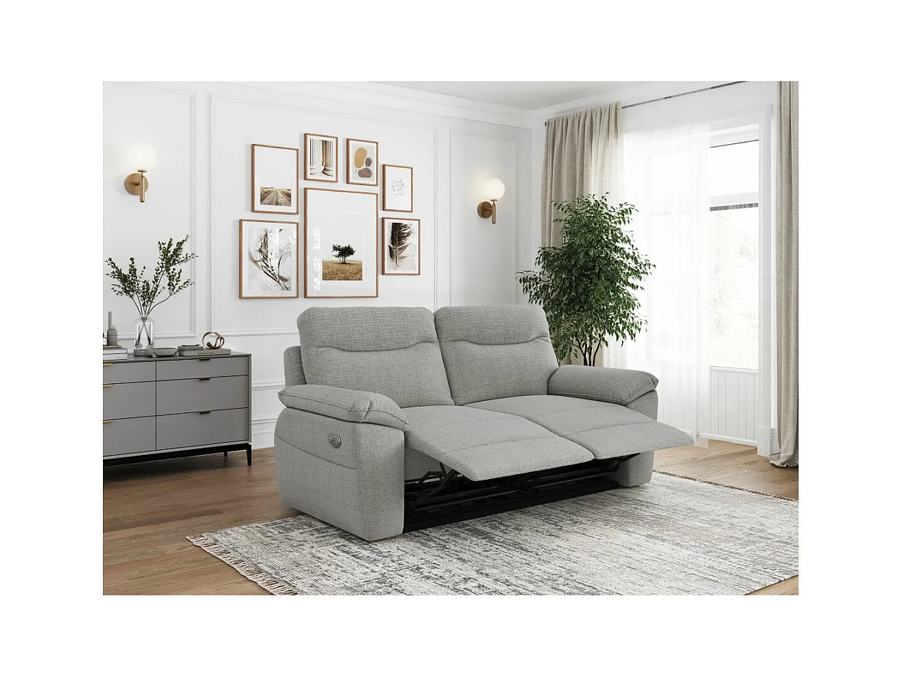 Canapé de relaxation électrique Ross 3 places en tissu texturé 3D - Gris clair - L200 x P100 x H102cm - Loungitude