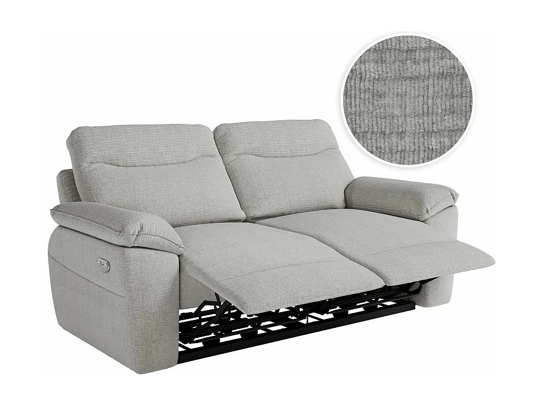 Canapé de relaxation électrique Ross 3 places en tissu texturé 3D - Gris clair - L200 x P100 x H102cm - Loungitude