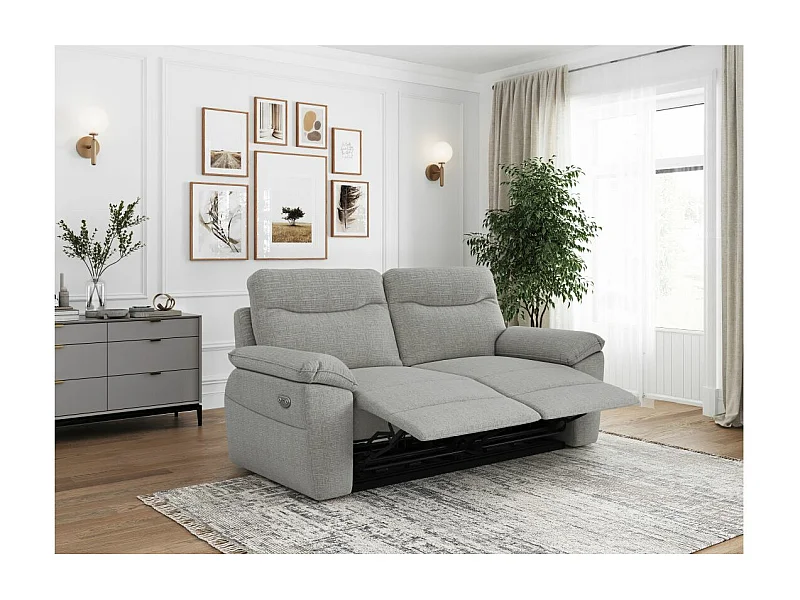 Canapé de relaxation électrique Ross 3 places en tissu texturé 3D - Gris clair - L200 x P100 x H102cm - Loungitude