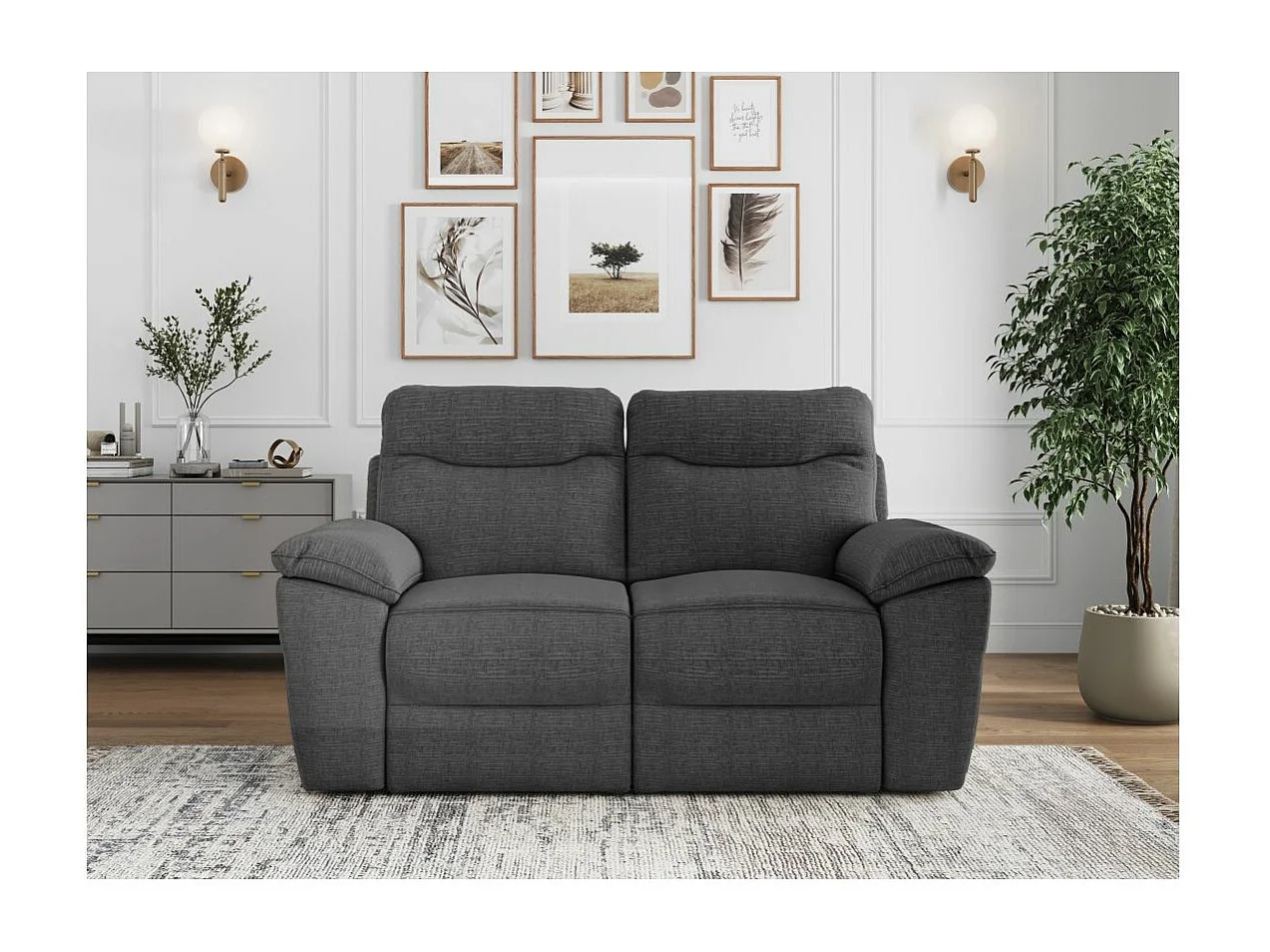 Canapé de relaxation manuel Ross 2 places en tissu texturé 3D - Gris anthracite - L160 x P100 x H102cm - Loungitude
