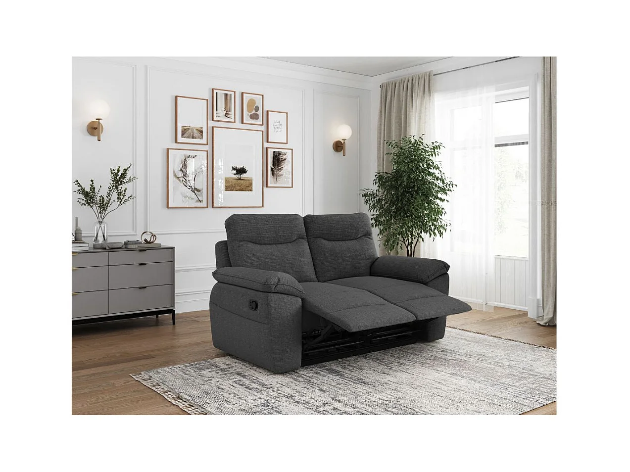 Canapé de relaxation manuel Ross 2 places en tissu texturé 3D - Gris anthracite - L160 x P100 x H102cm - Loungitude