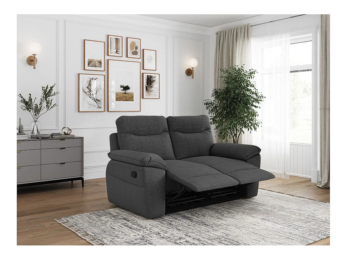 Canapé de relaxation manuel Ross 2 places en tissu texturé 3D - Gris anthracite - L160 x P100 x H102cm - Loungitude