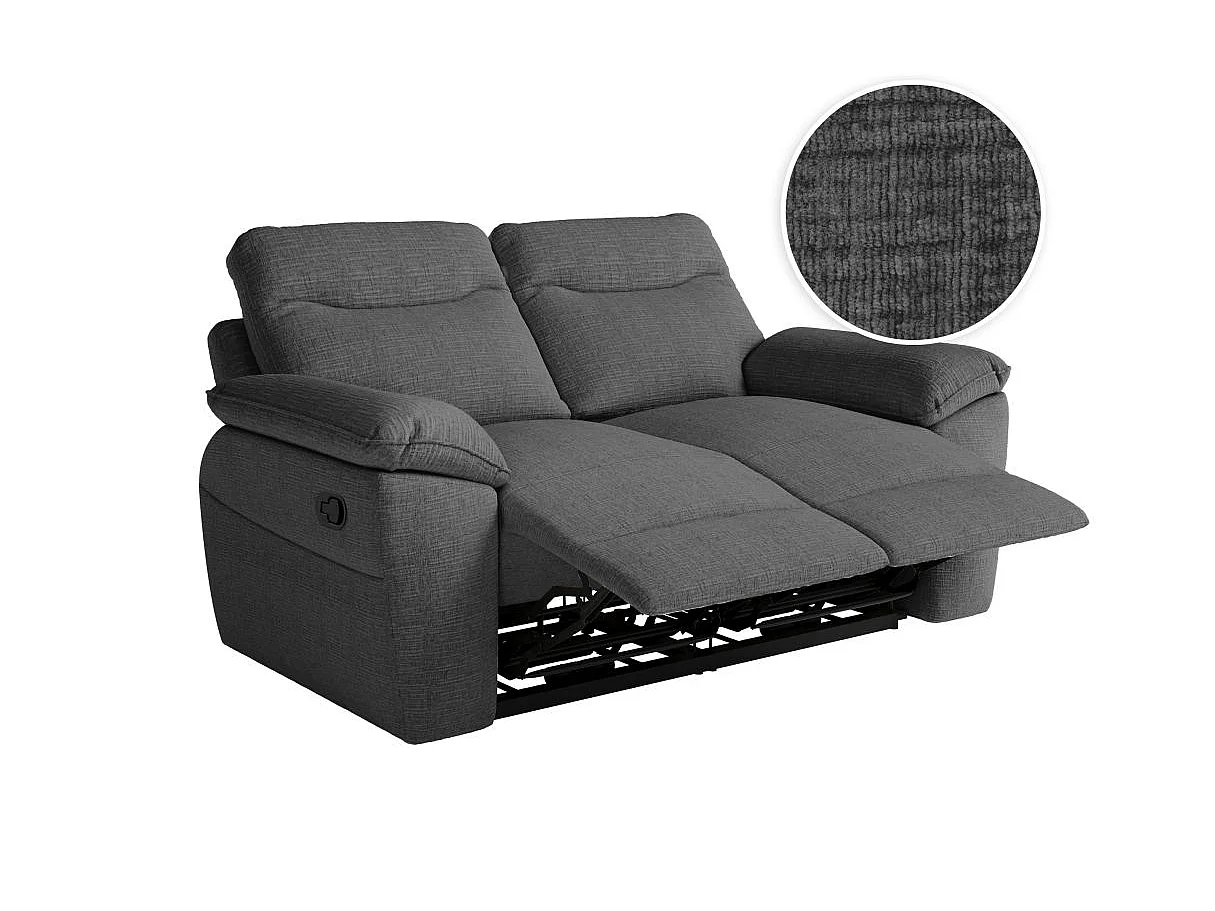 Canapé de relaxation manuel Ross 2 places en tissu texturé 3D - Gris anthracite - L160 x P100 x H102cm - Loungitude