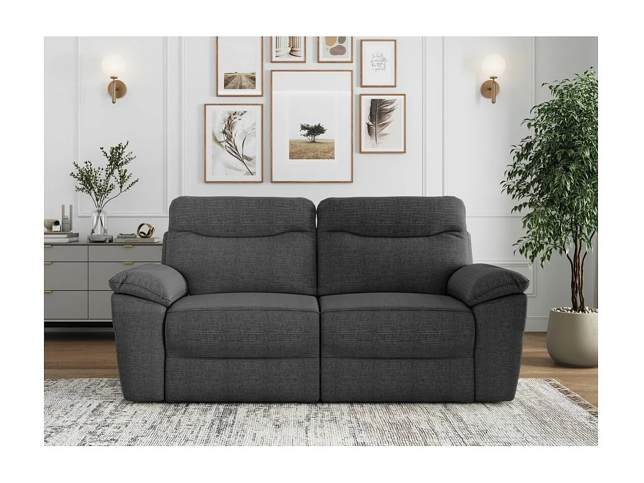 Canapé de relaxation manuel Ross 3 places en tissu texturé 3D - Gris anthracite - L200 x P100 x H102cm - Loungitude