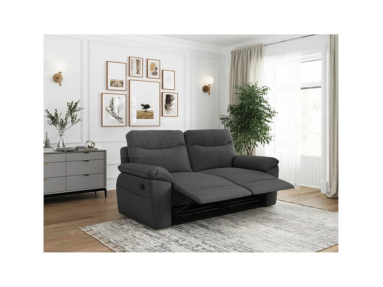 Canapé de relaxation manuel Ross 3 places en tissu texturé 3D - Gris anthracite - L200 x P100 x H102cm - Loungitude