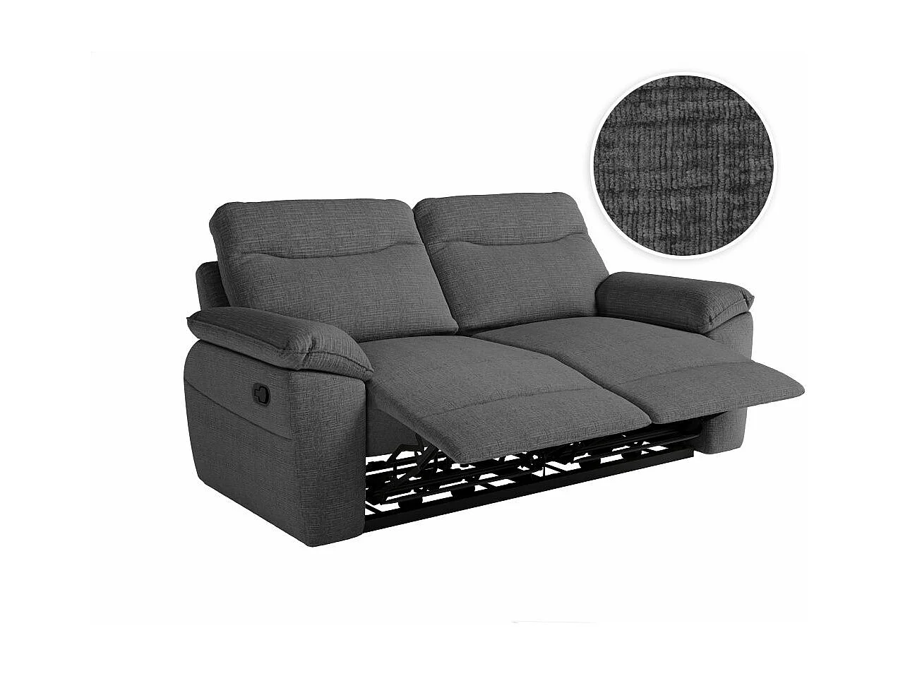 Canapé de relaxation manuel Ross 3 places en tissu texturé 3D - Gris anthracite - L200 x P100 x H102cm - Loungitude