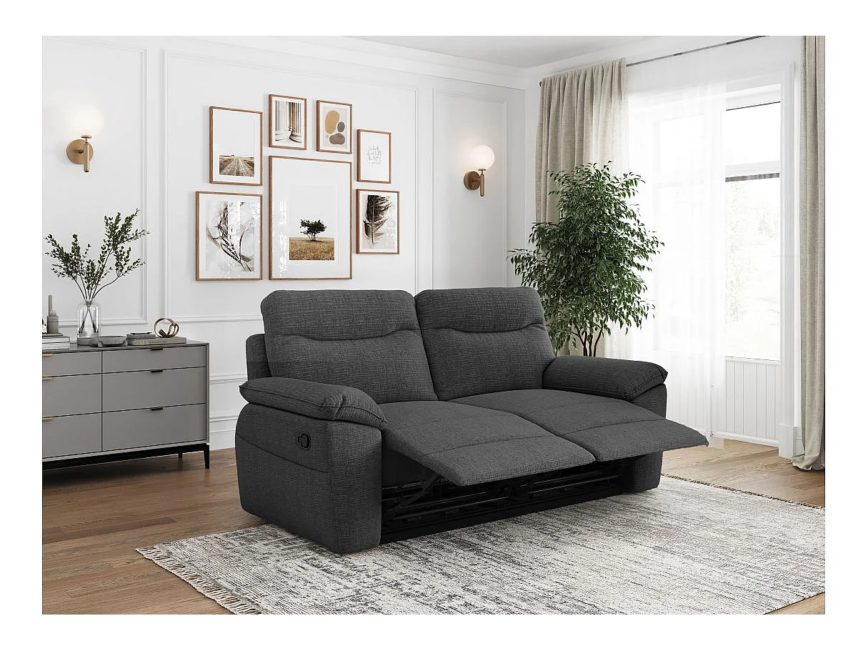 Canapé de relaxation manuel Ross 3 places en tissu texturé 3D - Gris anthracite - L200 x P100 x H102cm - Loungitude