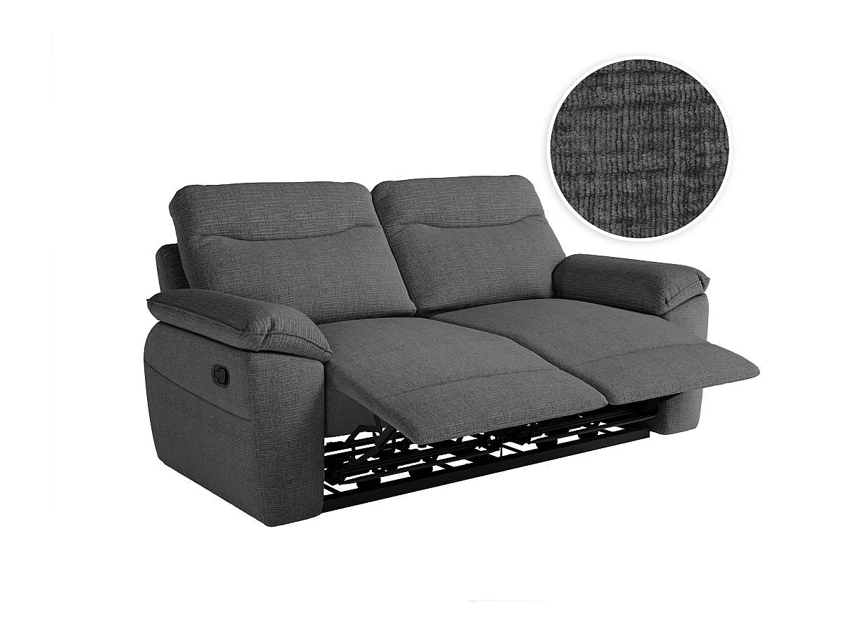 Canapé de relaxation manuel Ross 3 places en tissu texturé 3D - Gris anthracite - L200 x P100 x H102cm - Loungitude