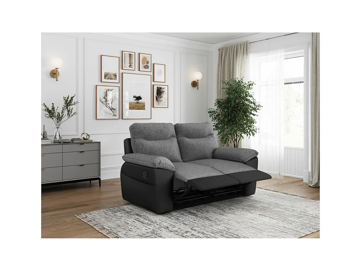 Canapé de relaxation manuel Ross 2 places en tissu et simili - Noir/Gris - L160 x P100 x H102cm - Loungitude