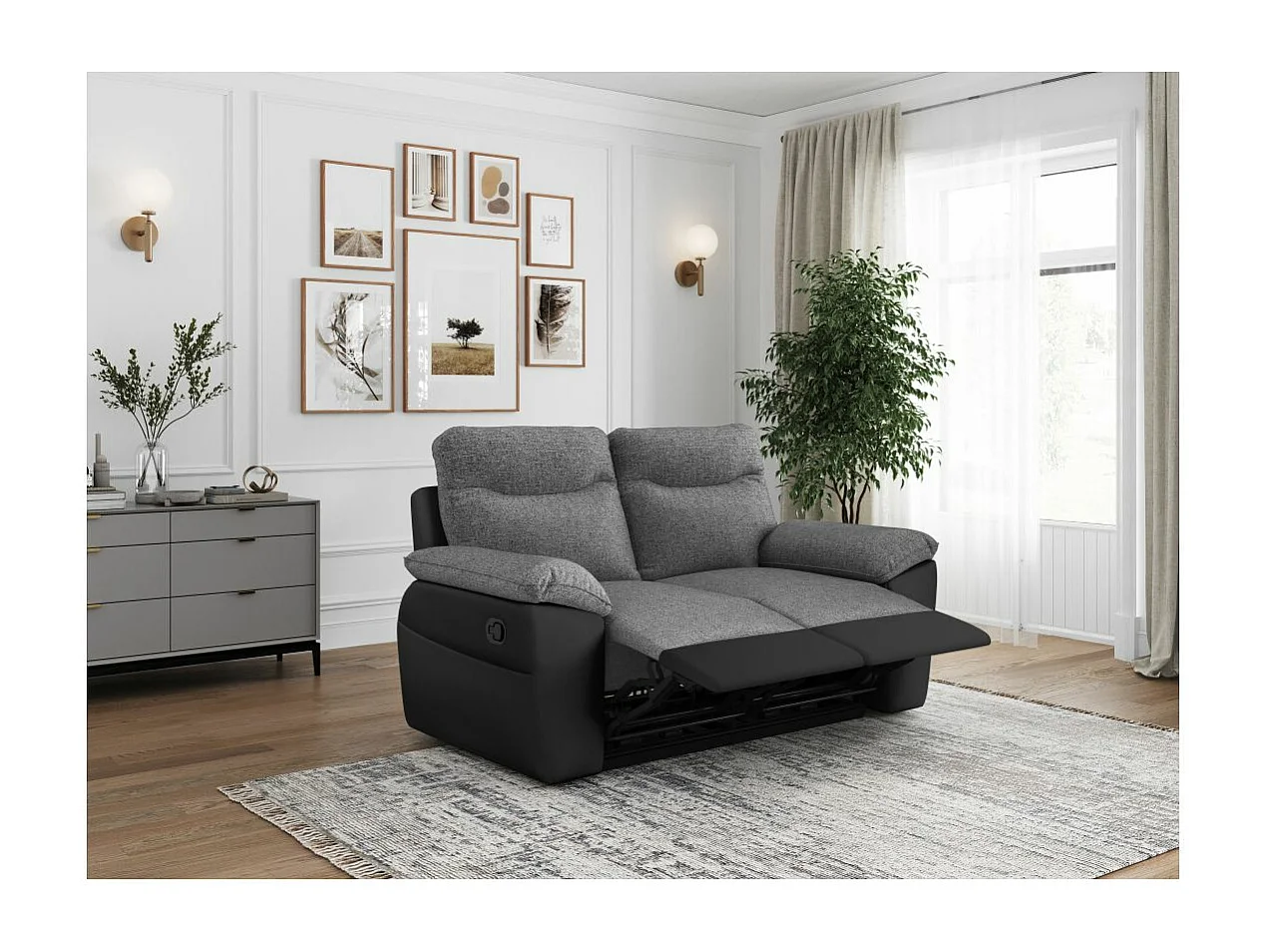 Canapé de relaxation manuel Ross 2 places en tissu et simili - Noir/Gris - L160 x P100 x H102cm - Loungitude