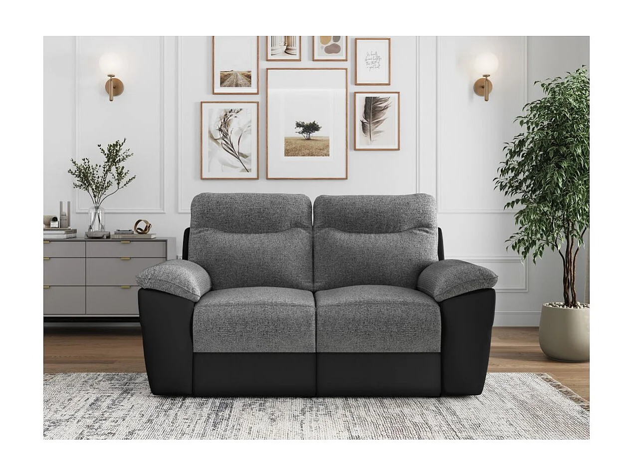 Canapé de relaxation manuel Ross 2 places en tissu et simili - Noir/Gris - L160 x P100 x H102cm - Loungitude