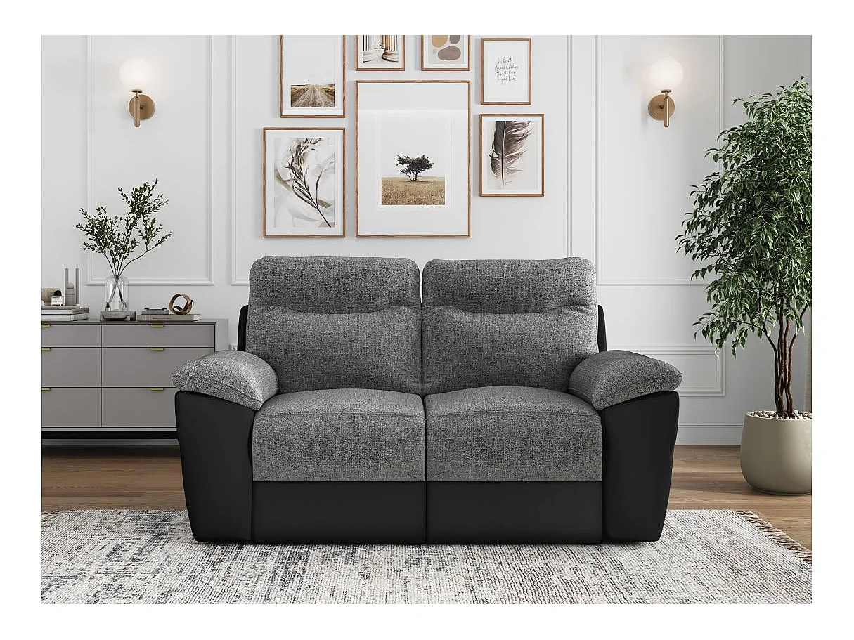 Canapé de relaxation manuel Ross 2 places en tissu et simili - Noir/Gris - L160 x P100 x H102cm - Loungitude