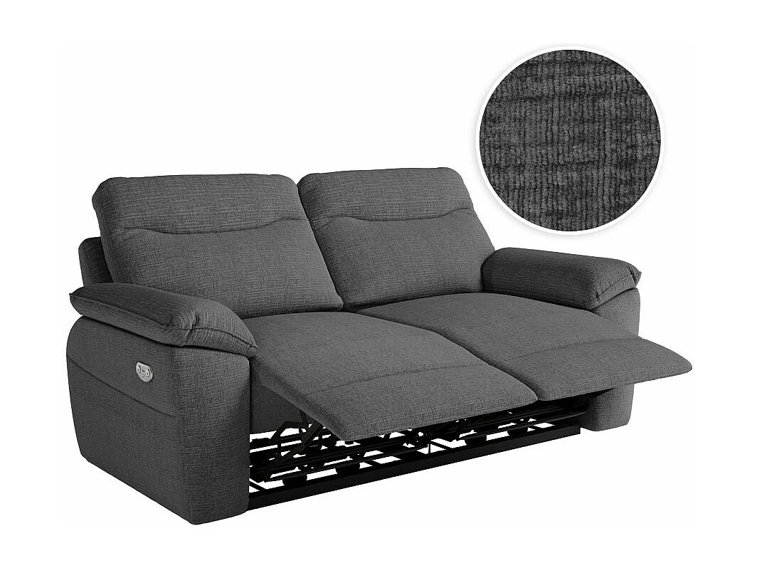 Canapé de relaxation électrique Ross 3 places en tissu texturé 3D - Gris anthracite - L200 x P100 x H102cm - Loungitude