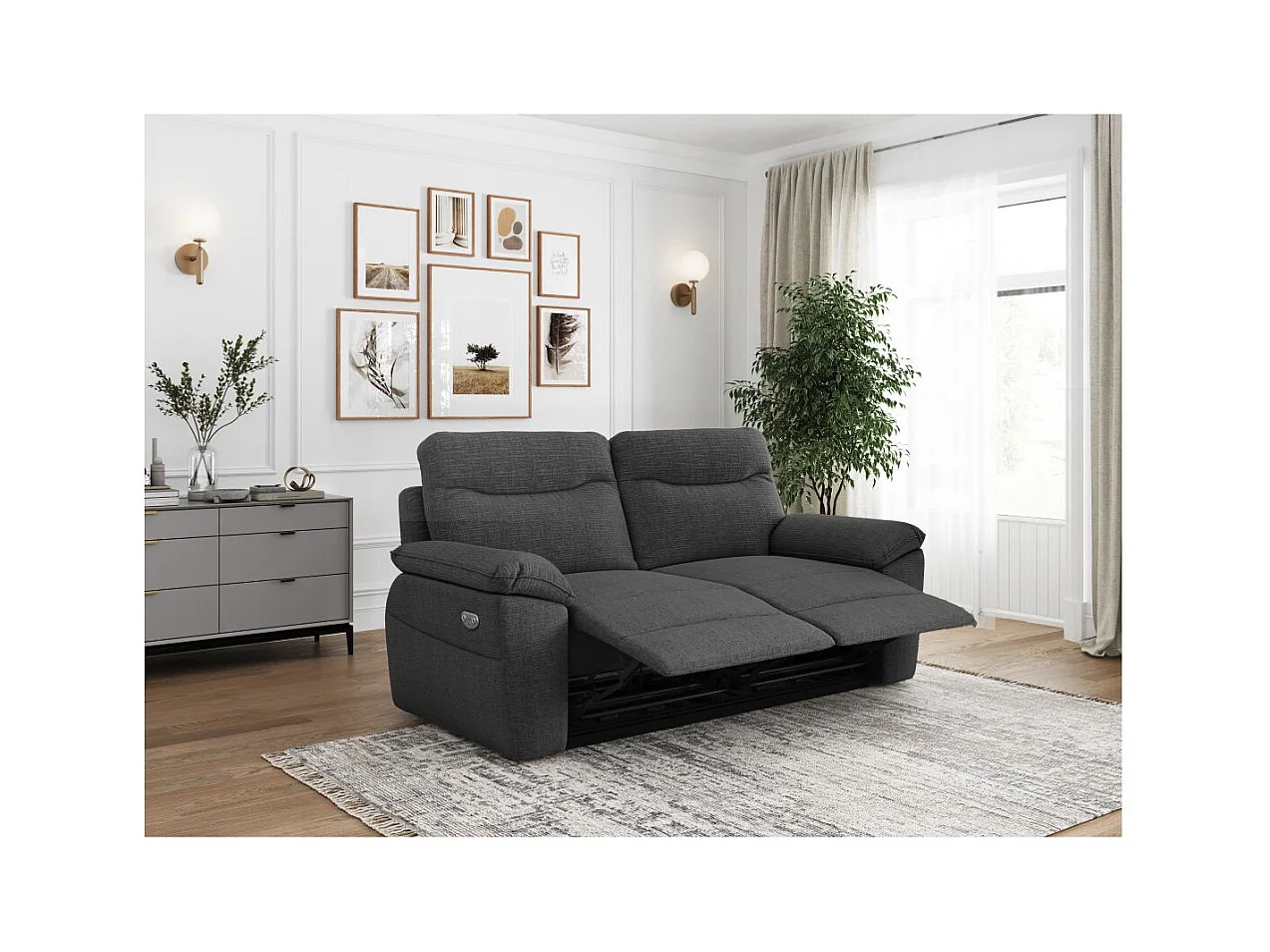 Canapé de relaxation électrique Ross 3 places en tissu texturé 3D - Gris anthracite - L200 x P100 x H102cm - Loungitude