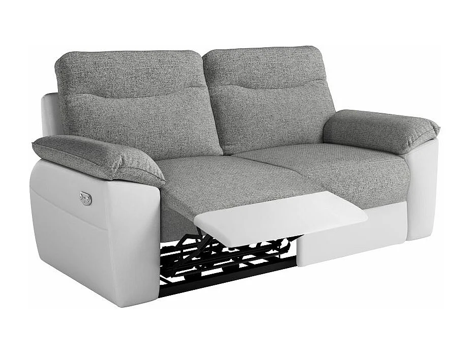 Canapé de relaxation électrique Ross 3 places en tissu et simili - Blanc/Gris - L200 x P100 x H102cm - Loungitude