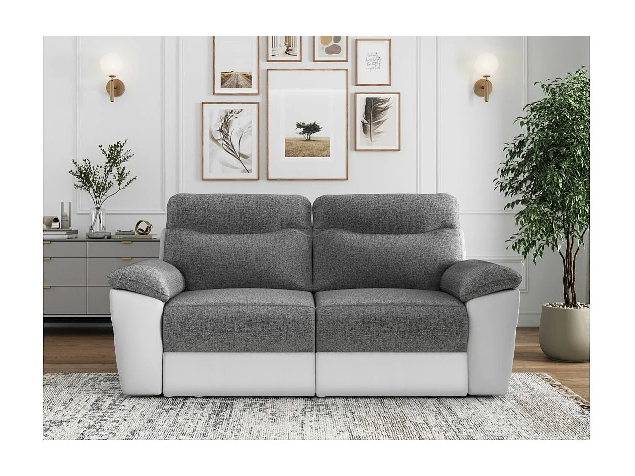 Canapé de relaxation électrique Ross 3 places en tissu et simili - Blanc/Gris - L200 x P100 x H102cm - Loungitude