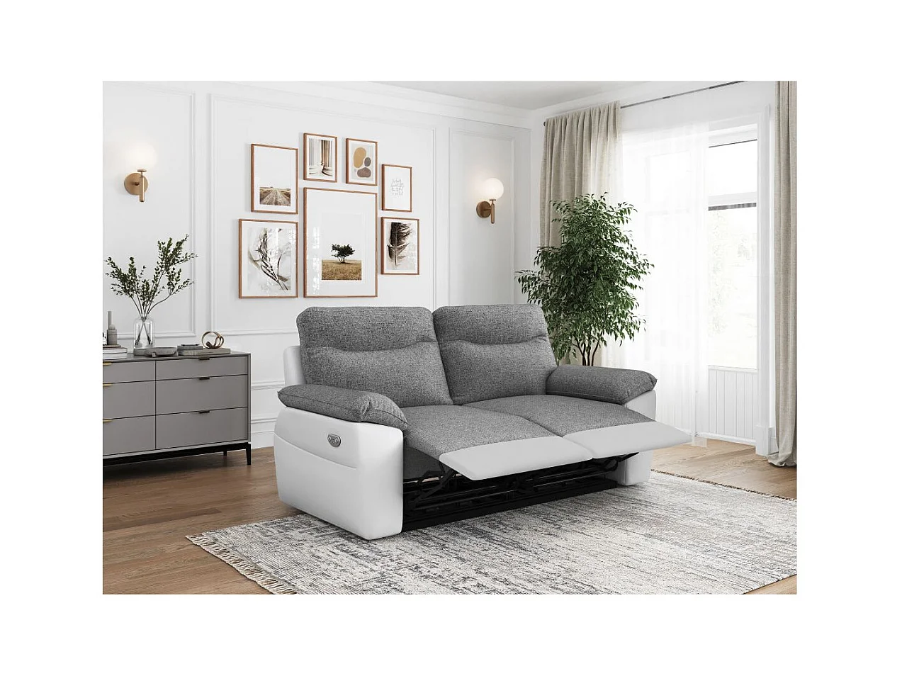 Canapé de relaxation électrique Ross 3 places en tissu et simili - Blanc/Gris - L200 x P100 x H102cm - Loungitude