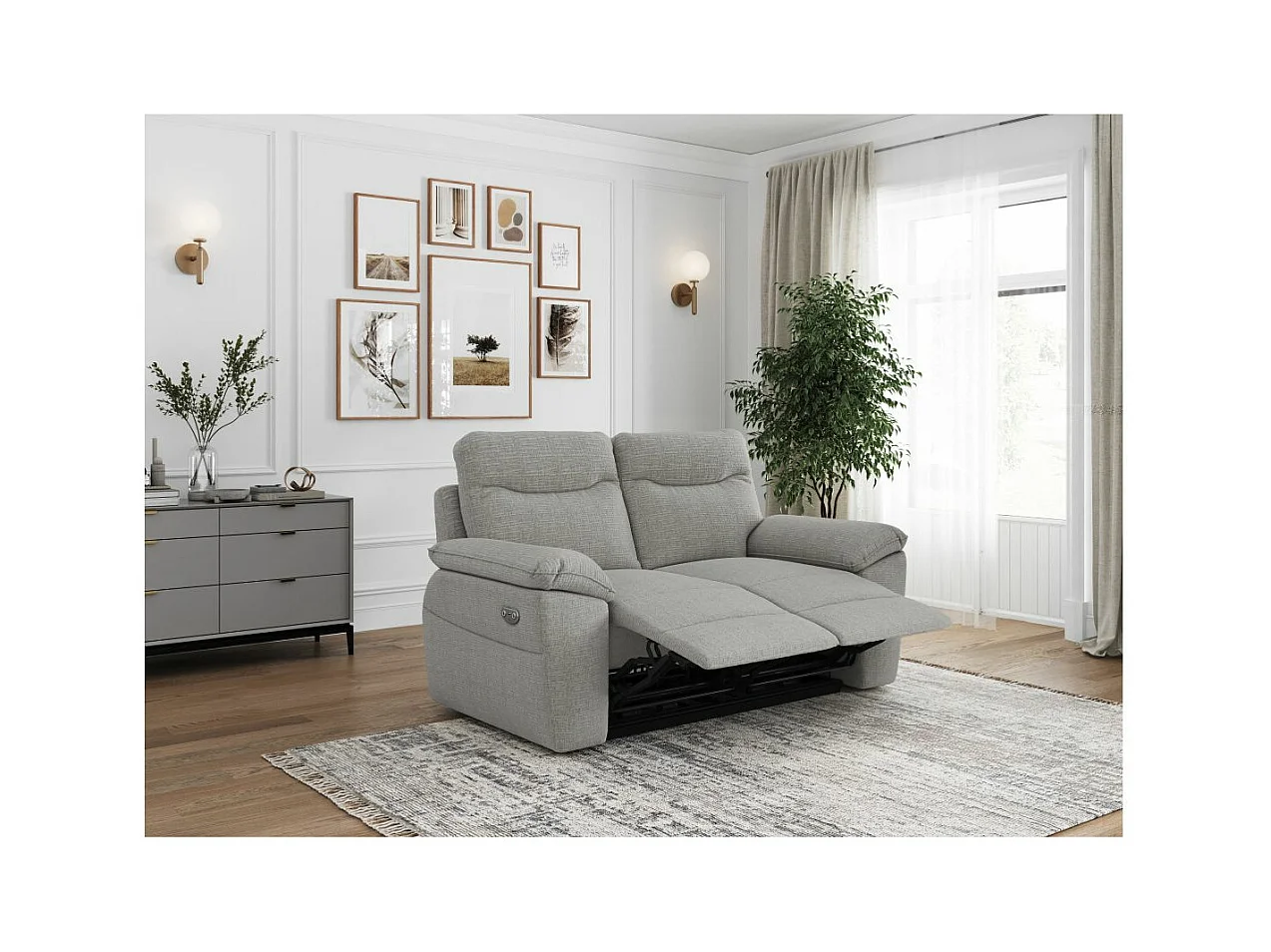 Canapé de relaxation électrique Ross 2 places en tissu texturé 3D - Gris clair - L160 x P100 x H102cm - Loungitude