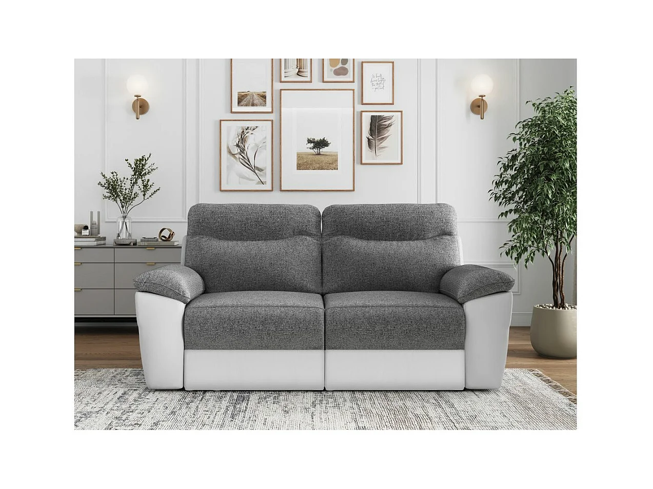 Canapé de relaxation manuel Ross 3 places en tissu et simili - Blanc/Gris - L200 x P100 x H102cm - Loungitude