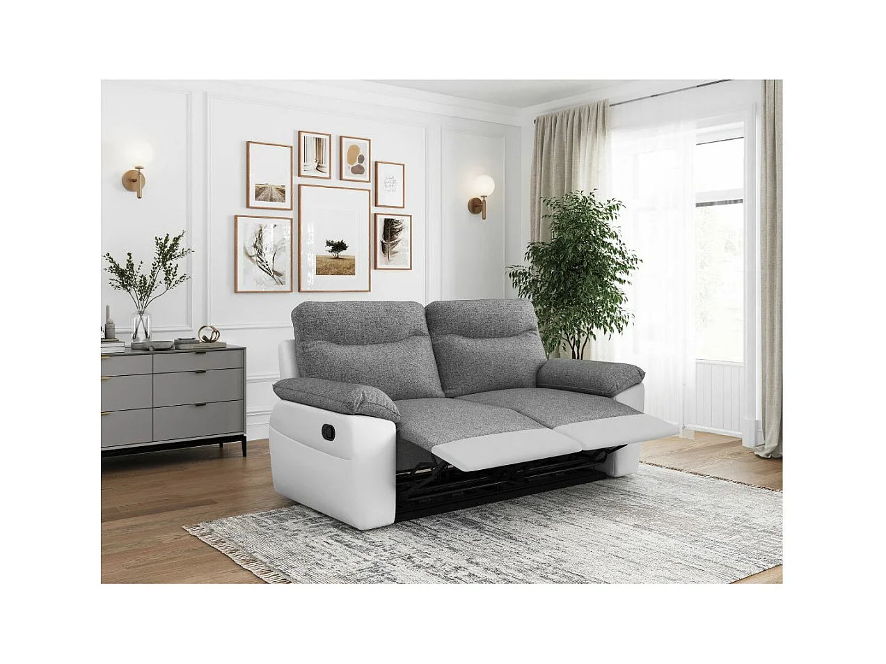Canapé de relaxation manuel Ross 3 places en tissu et simili - Blanc/Gris - L200 x P100 x H102cm - Loungitude
