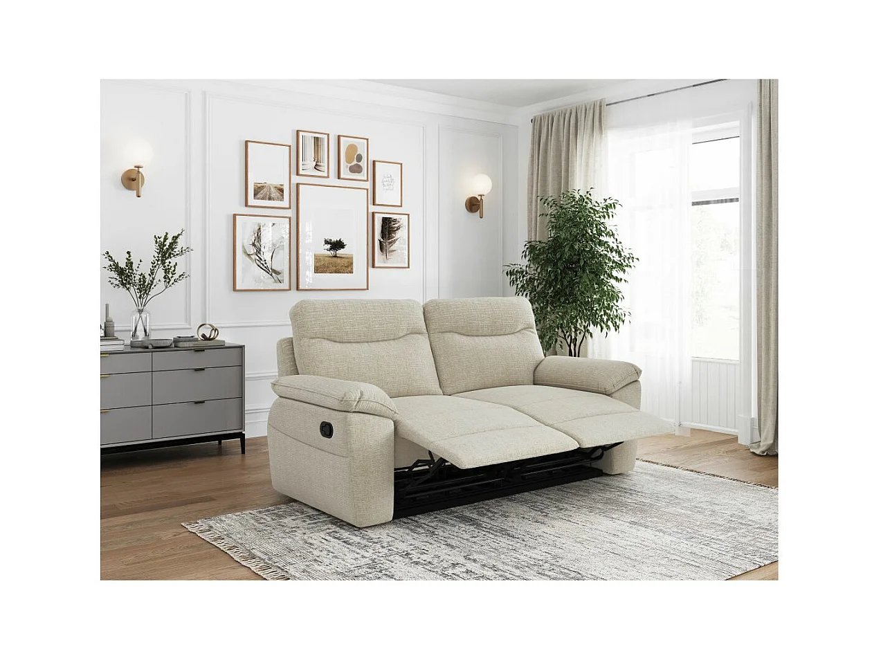 Canapé de relaxation manuel Ross 3 places en tissu texturé 3D - Beige - L200 x P100 x H102cm - Loungitude