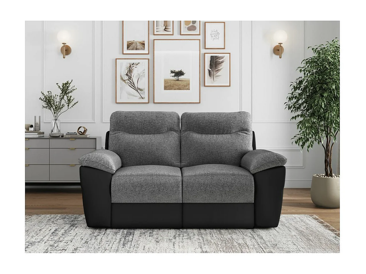 Canapé de relaxation électrique Ross 2 places en tissu et simili - Noir/Gris - L160 x P100 x H102cm - Loungitude