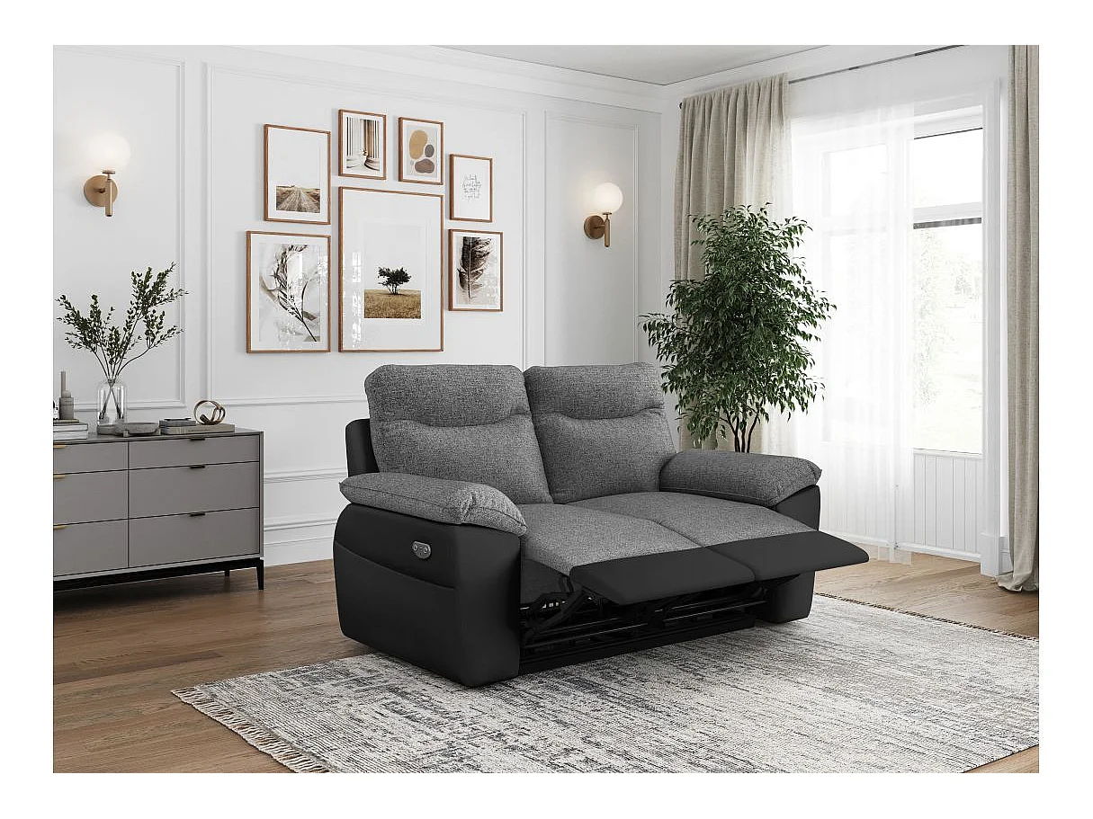 Canapé de relaxation électrique Ross 2 places en tissu et simili - Noir/Gris - L160 x P100 x H102cm - Loungitude