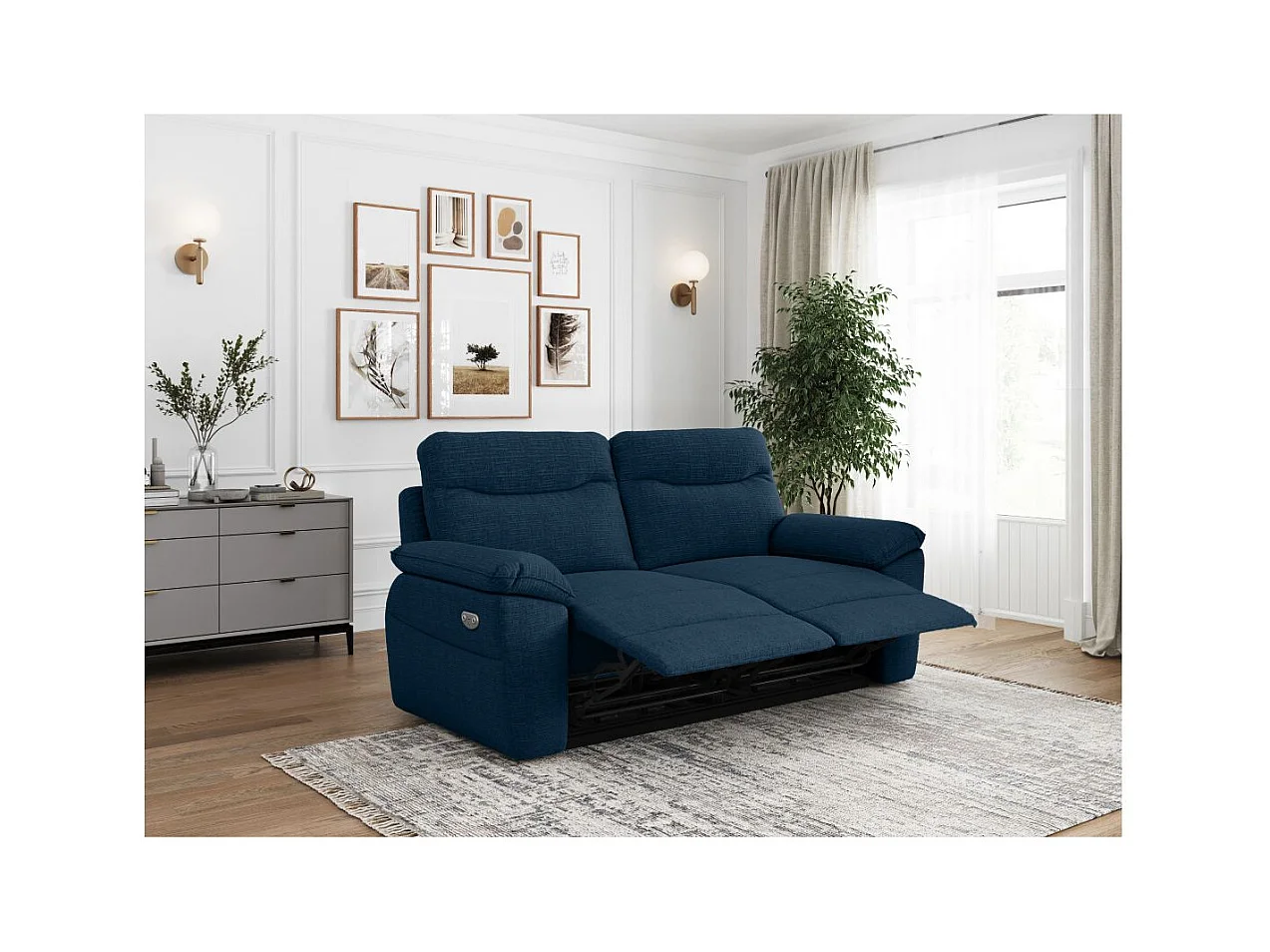 Canapé de relaxation électrique Ross 3 places en tissu texturé 3D - Bleu foncé - L200 x P100 x H102cm - Loungitude