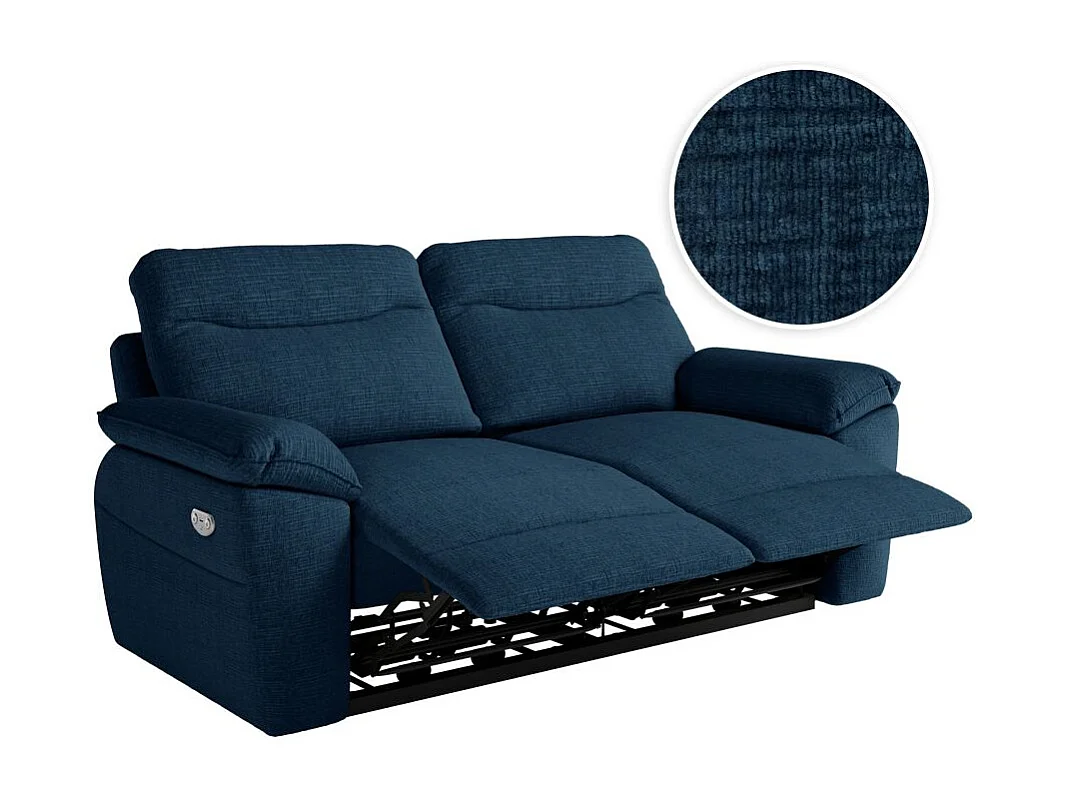 Canapé de relaxation électrique Ross 3 places en tissu texturé 3D - Bleu foncé - L200 x P100 x H102cm - Loungitude