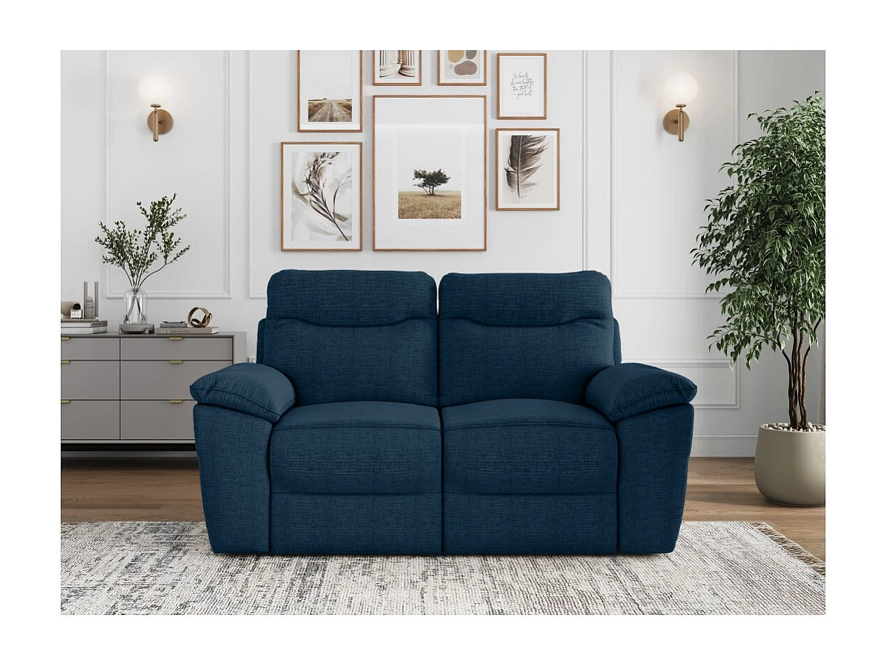 Canapé de relaxation électrique Ross 2 places en tissu texturé 3D - Bleu foncé - L160 x P100 x H102cm - Loungitude