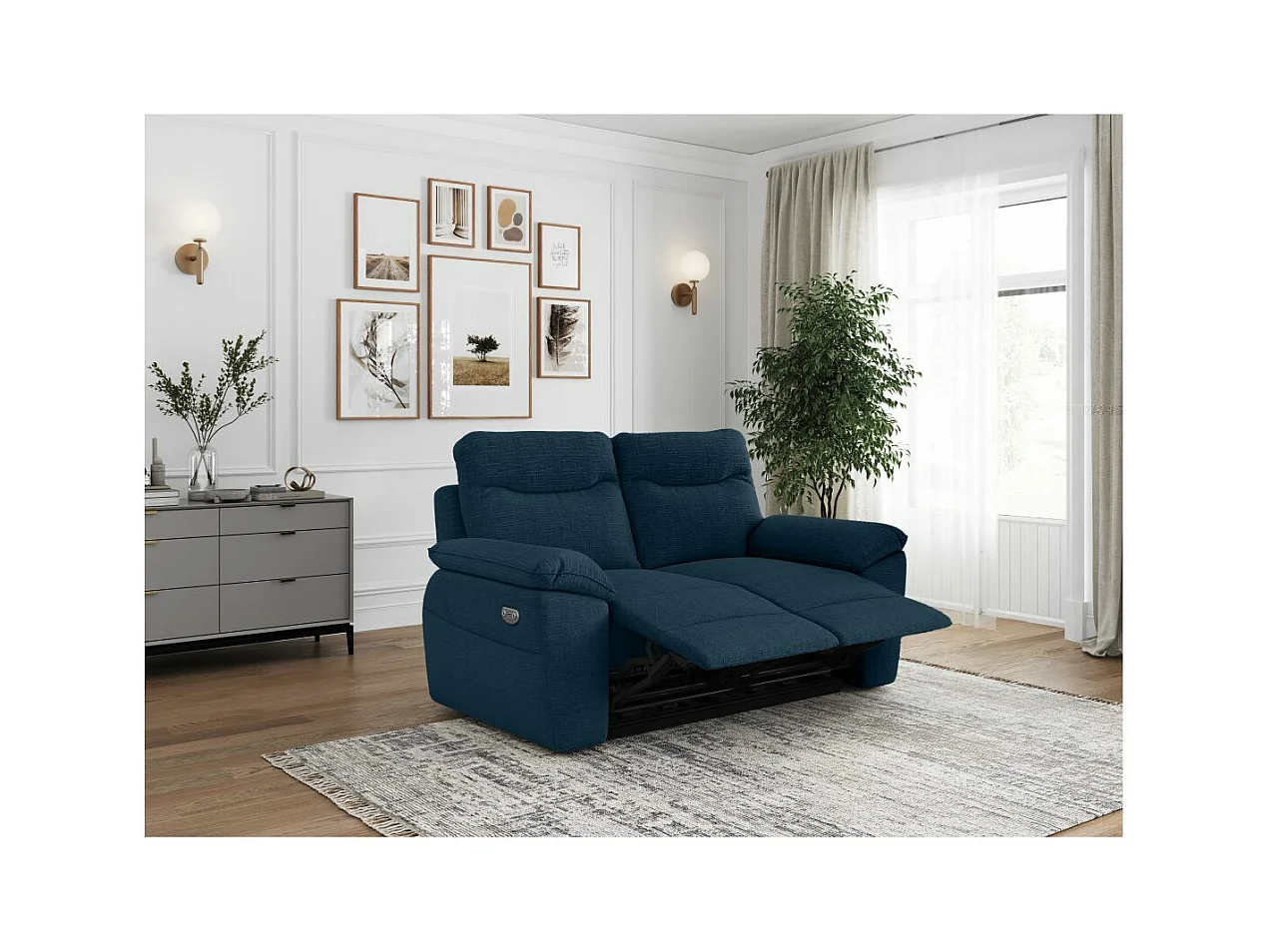 Canapé de relaxation électrique Ross 2 places en tissu texturé 3D - Bleu foncé - L160 x P100 x H102cm - Loungitude