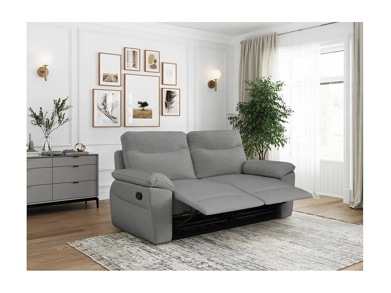 Canapé de relaxation manuel Ross 3 places en tissu - Gris - L200 x P100 x H102cm - Loungitude