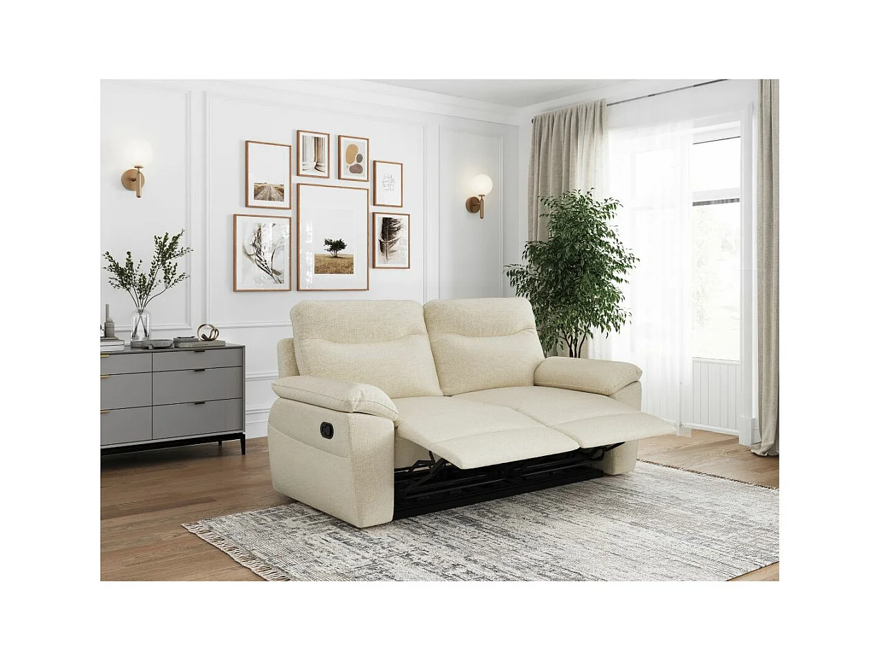 Canapé de relaxation manuel Ross 3 places en tissu - Beige - L200 x P100 x H102cm - Loungitude