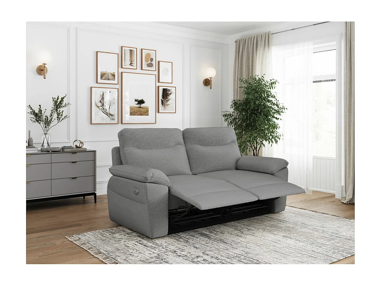 Canapé de relaxation électrique Ross 3 places en tissu - Gris - L200 x P100 x H102cm - Loungitude