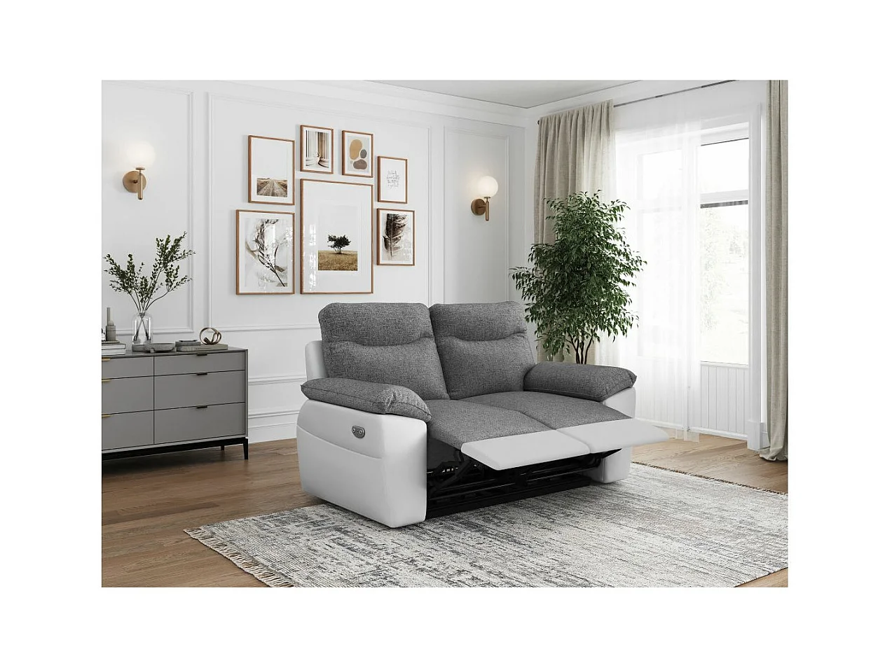Canapé de relaxation électrique Ross 2 places en tissu et simili - Blanc/Gris - L160 x P100 x H102cm - Loungitude