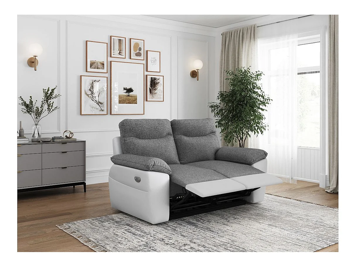 Canapé de relaxation électrique Ross 2 places en tissu et simili - Blanc/Gris - L160 x P100 x H102cm - Loungitude