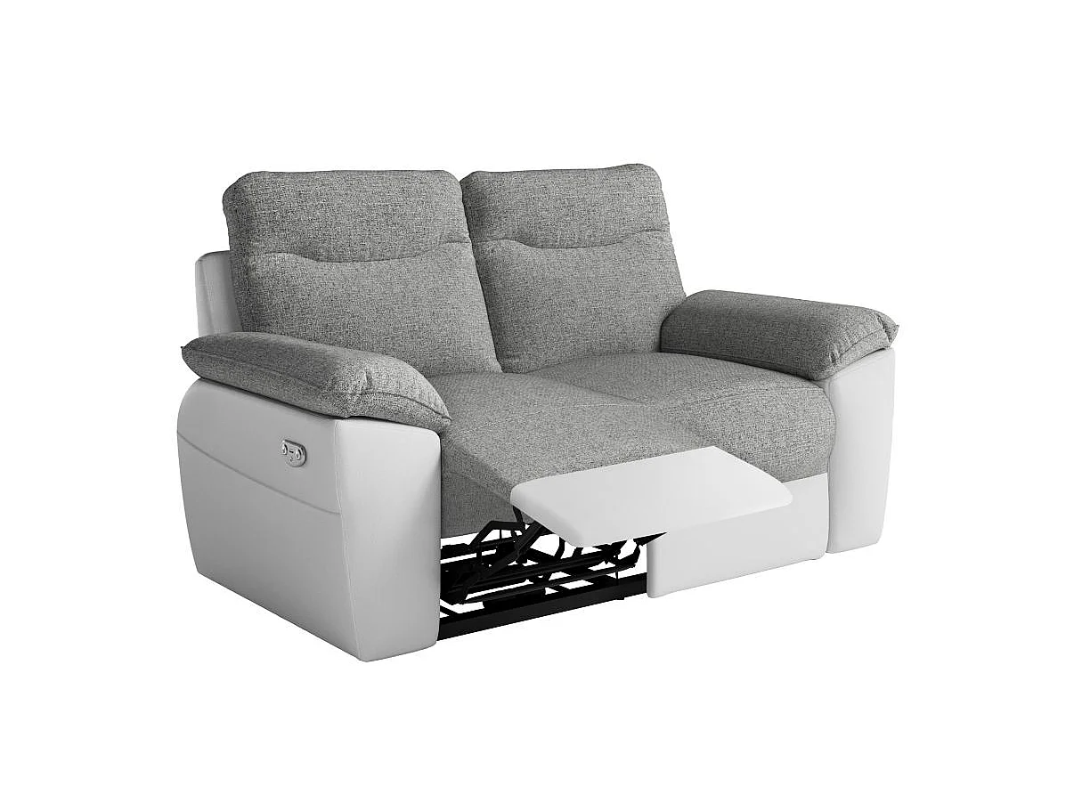 Canapé de relaxation électrique Ross 2 places en tissu et simili - Blanc/Gris - L160 x P100 x H102cm - Loungitude