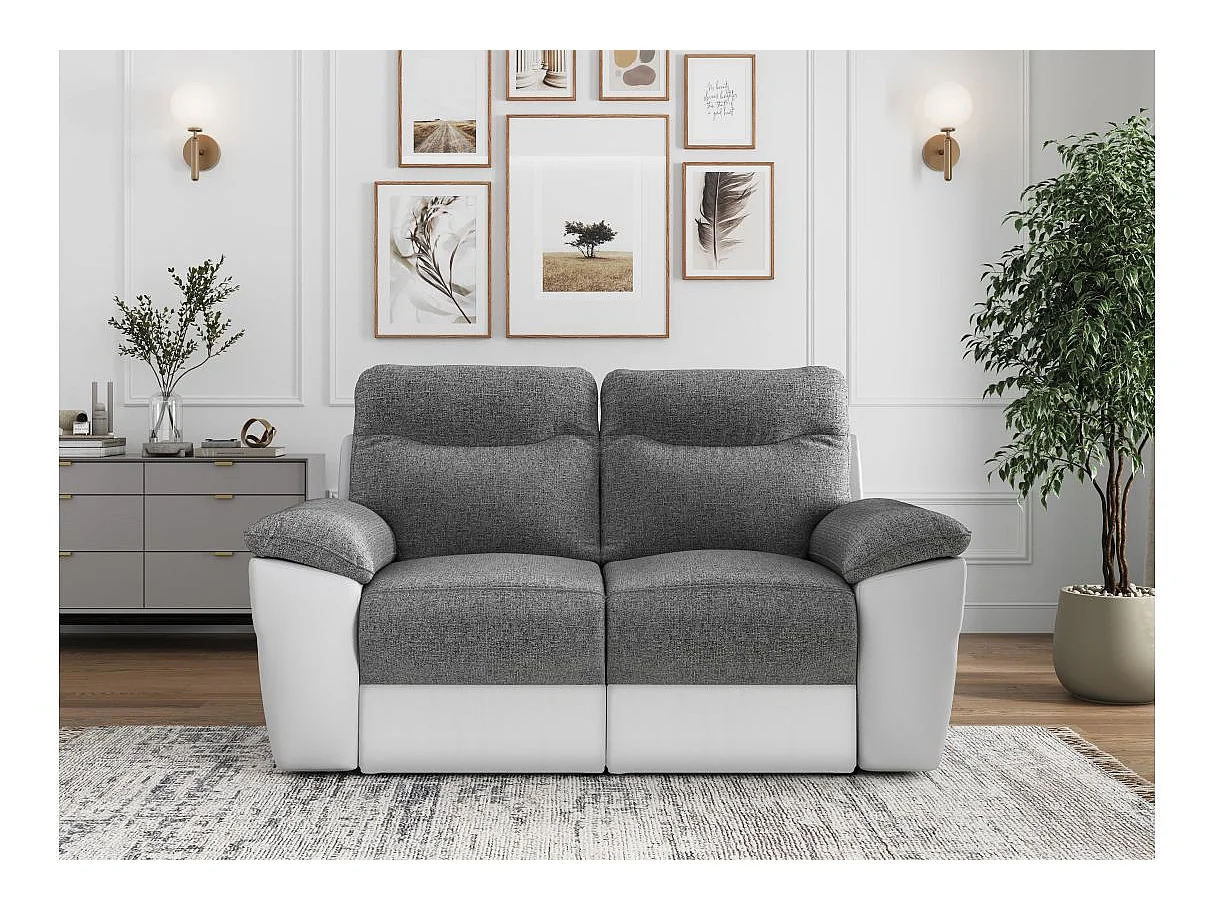 Canapé de relaxation électrique Ross 2 places en tissu et simili - Blanc/Gris - L160 x P100 x H102cm - Loungitude