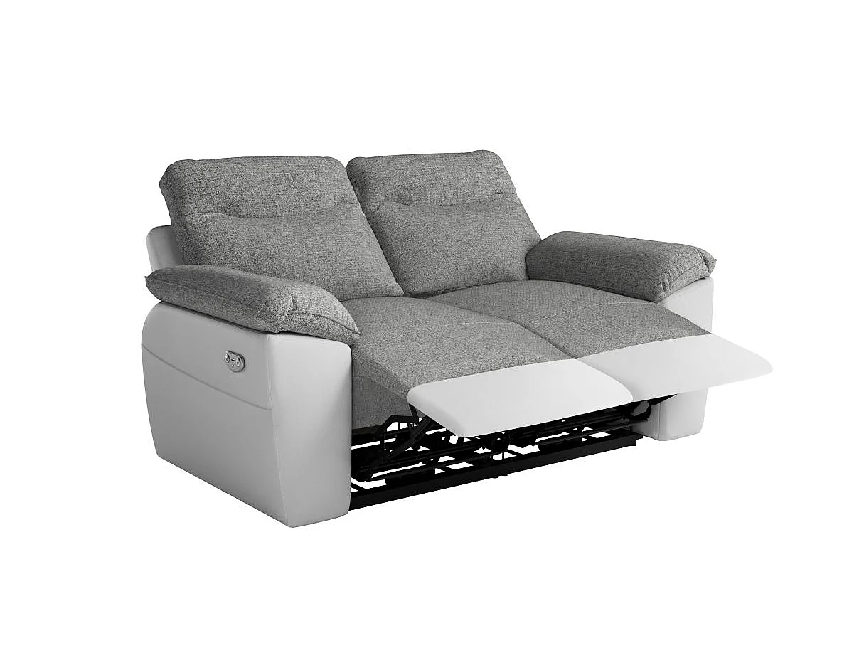 Canapé de relaxation électrique Ross 2 places en tissu et simili - Blanc/Gris - L160 x P100 x H102cm - Loungitude