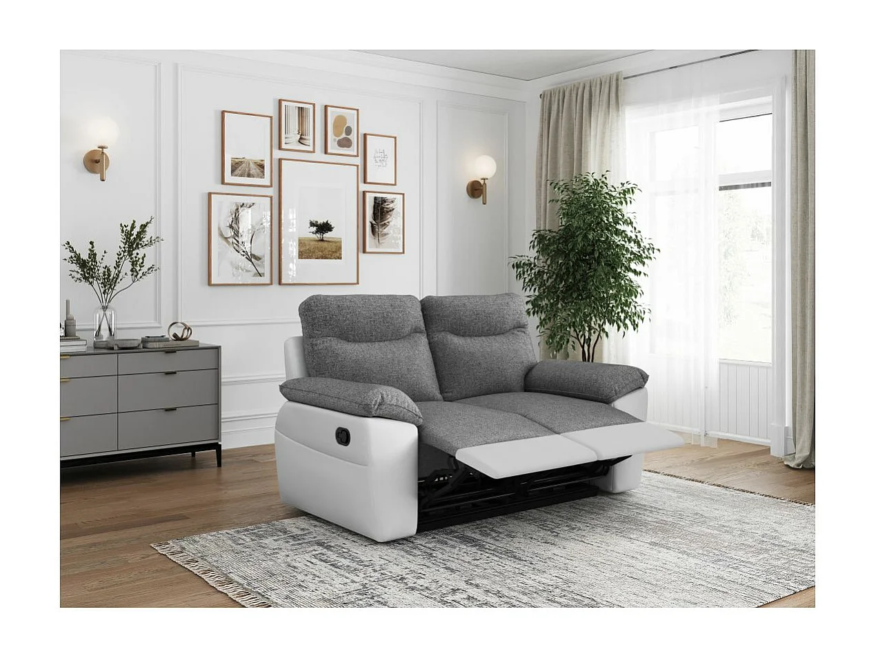 Canapé de relaxation manuel Ross 2 places en tissu et simili - Blanc/Gris - L160 x P100 x H102cm - Loungitude