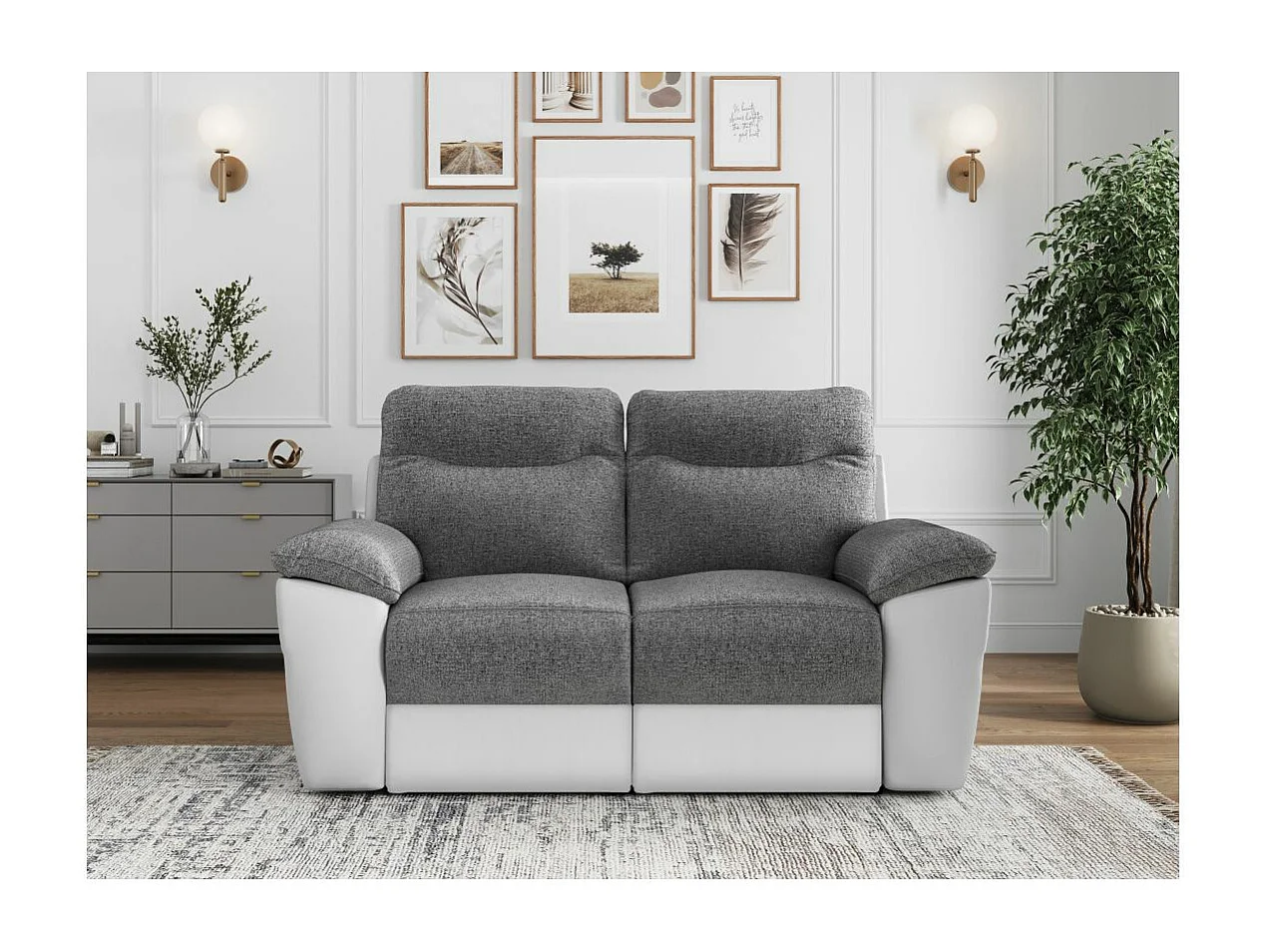 Canapé de relaxation manuel Ross 2 places en tissu et simili - Blanc/Gris - L160 x P100 x H102cm - Loungitude