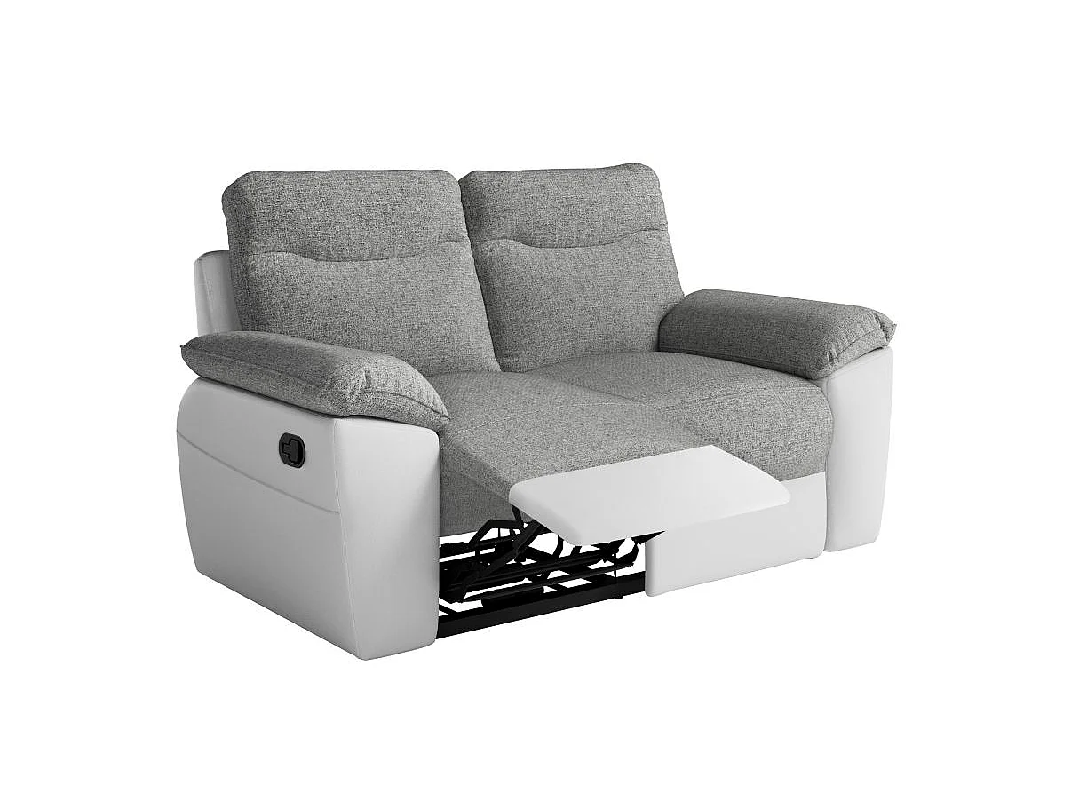 Canapé de relaxation manuel Ross 2 places en tissu et simili - Blanc/Gris - L160 x P100 x H102cm - Loungitude