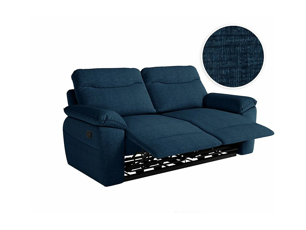 Canapé de relaxation manuel Ross 3 places en tissu texturé 3D - Bleu foncé - L200 x P100 x H102cm - Loungitude