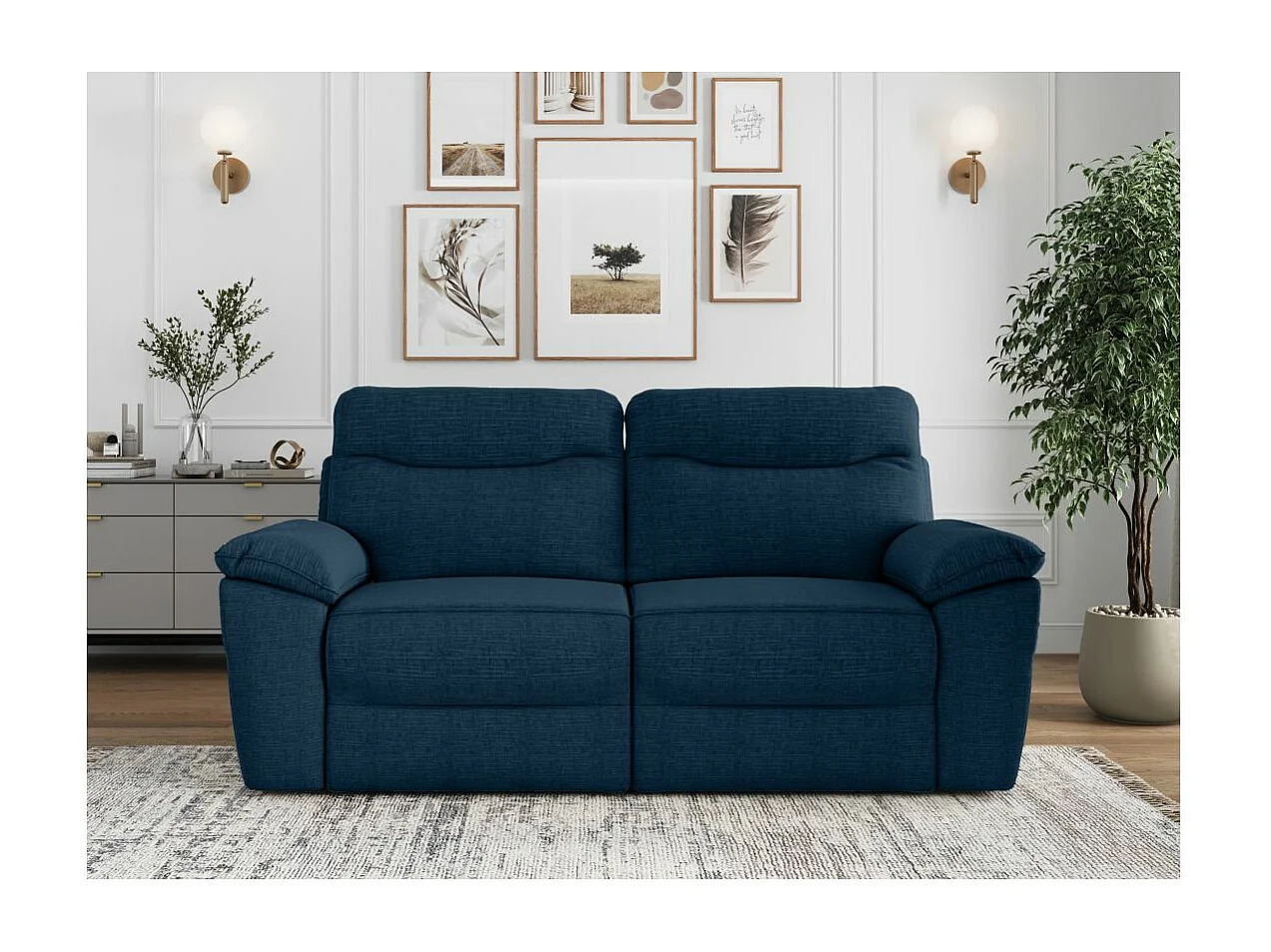 Canapé de relaxation manuel Ross 3 places en tissu texturé 3D - Bleu foncé - L200 x P100 x H102cm - Loungitude