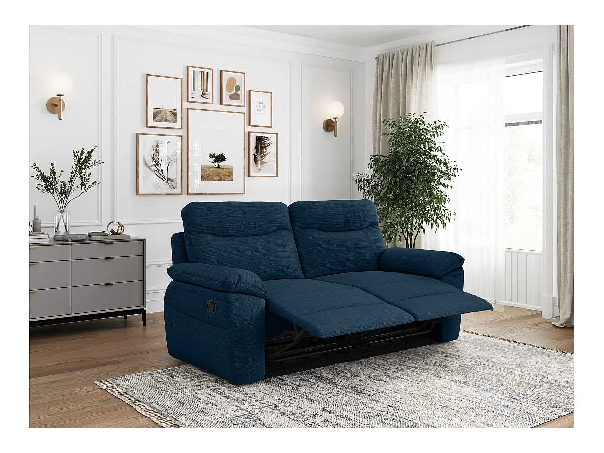 Canapé de relaxation manuel Ross 3 places en tissu texturé 3D - Bleu foncé - L200 x P100 x H102cm - Loungitude