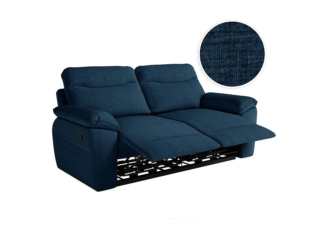 Canapé de relaxation manuel Ross 3 places en tissu texturé 3D - Bleu foncé - L200 x P100 x H102cm - Loungitude