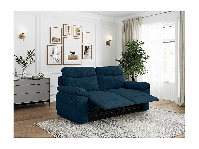 Canapé de relaxation manuel Ross 3 places en tissu texturé 3D - Bleu foncé - L200 x P100 x H102cm - Loungitude