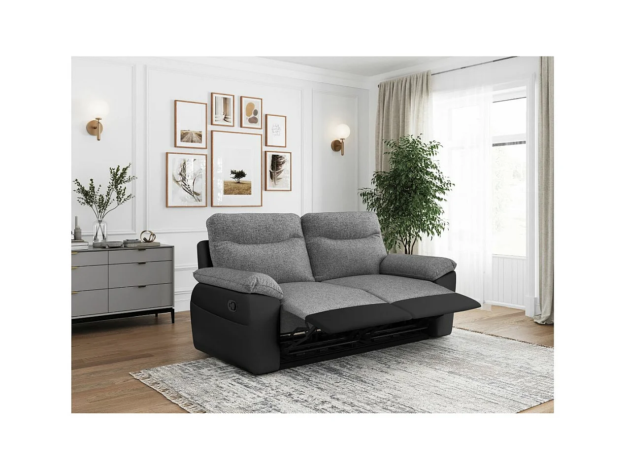 Canapé de relaxation manuel Ross 3 places en tissu et simili - Noir/Gris - L200 x P100 x H102cm - Loungitude