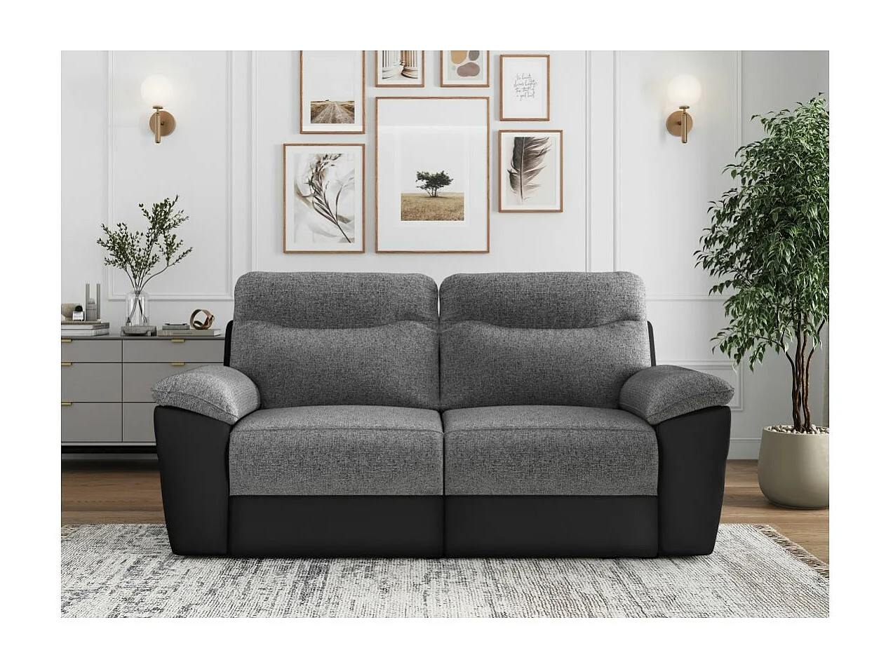 Canapé de relaxation manuel Ross 3 places en tissu et simili - Noir/Gris - L200 x P100 x H102cm - Loungitude
